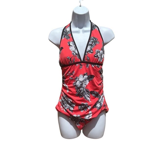 TOMMY BAHAMA Coral Hibiscus V-Neck One Piece Size 14 - Picture 1 of 11